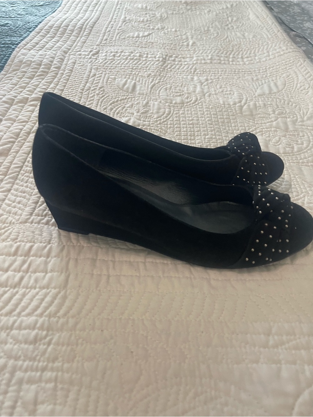 Stuart Weitzman Black Studded Bow Wedge Pumps